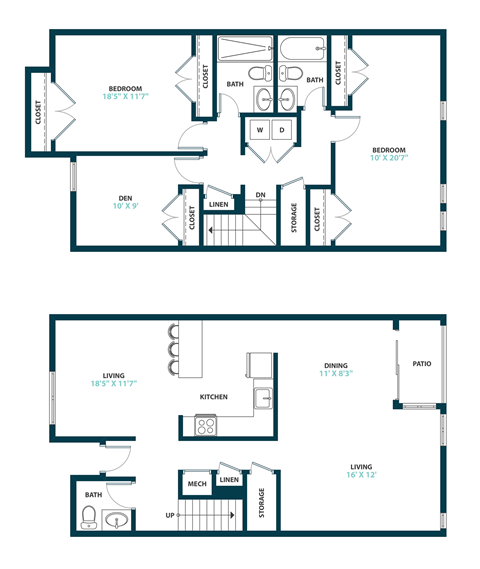 Floor plan for 2 beds, 2.5 baths, 1578 sqft